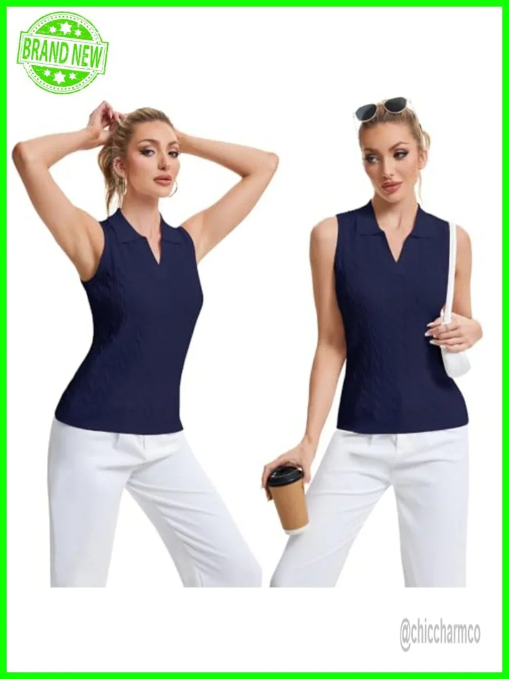 Sleeveless Cable Knit Golf Polo Tank Top Moisture Wicking Stretch